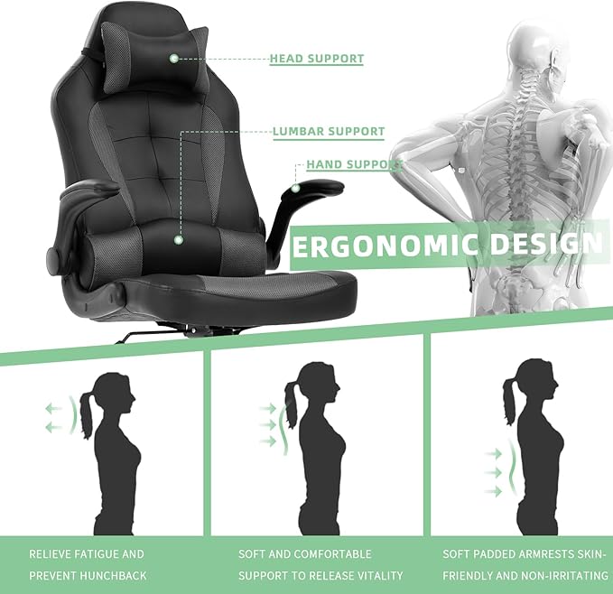 Video Game Chair PC Gaming Chair Racing Gamer Chair Home Office Chair Adjustable Computer Chair Ergonomic Chair with Lumbar Support Headrest Flip Up Arms for Women Men Teens