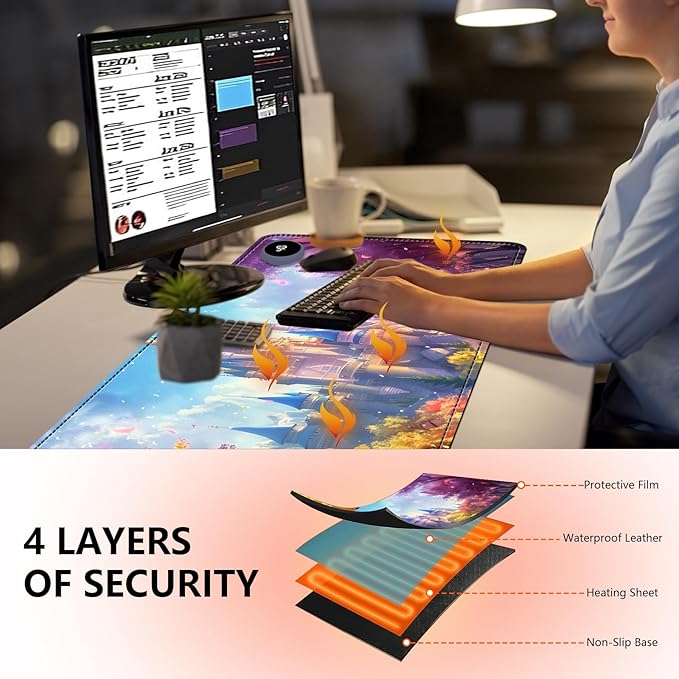 Heated Mouse Pad - 3 Temperature Settings (86°F–122°F)Auto Shut OffLarge 31.5x13 Inch PU Leather Desk Mat for OfficeGamingCold Hands ReliefDream Castle