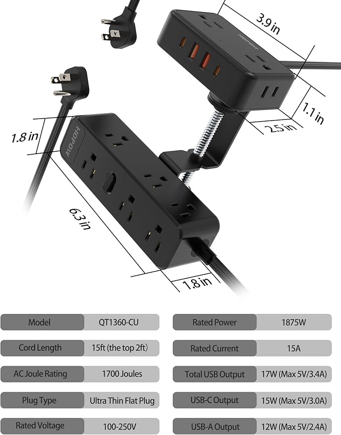 15 FT Dual Layer Desk Clamp Power Strip Desktop Edge Mount Charging Station with 13 Outlets 4 USB Ports (2 USB C) Under Desk Surge Protector(1700 Joules) Extension Cord for Office Home