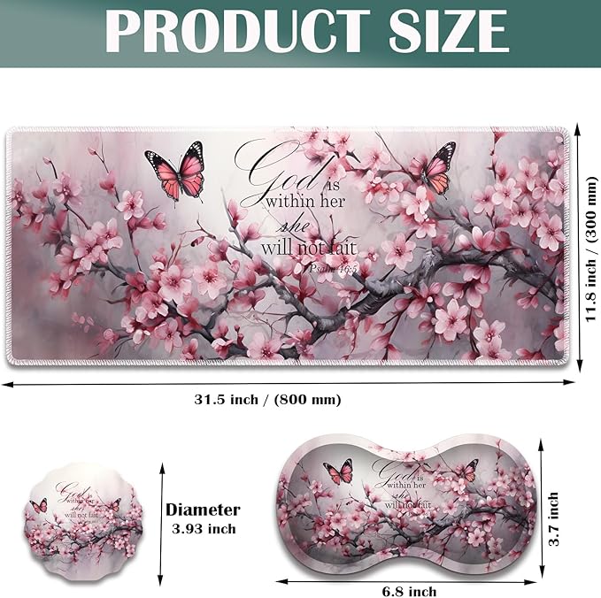 Large Game Mouse Pad + Wrist Support Pad + Coffee Coaster Desk Pad with Sewn Edges Anti-Slip Set pad Suitable for Office Work and Home - Cherry Blossom Butterflies