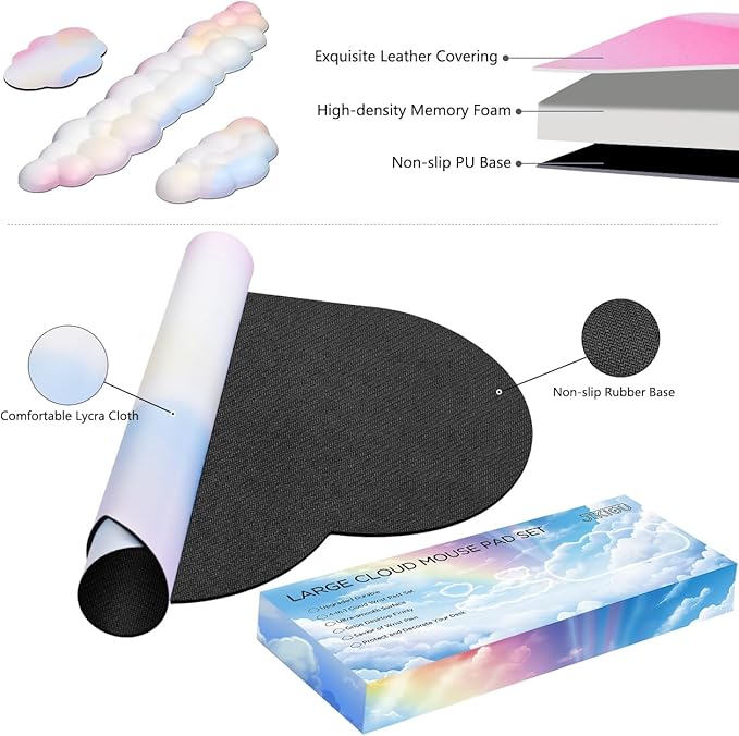 JIKIOU Large Cloud Mouse Pad Waterproof with Cloud Keyboard Wrist Pad and Cloud Mouse Wrist Pad Set Ergonomic Computer Desk Wrist Support Mousepad for Keyboard and Mouse 35.4x15.7in Rainbow