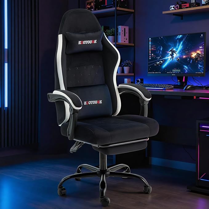 ECOTOUGE Fabric Gaming Chair Video Game Chair with Footrest and Lumbar Support Adjustable Height Home Desk Office Chair Ergonomic Comfort Gamer Chair with High Back Black