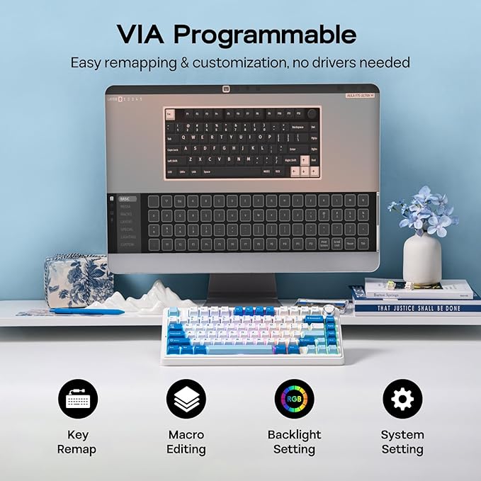 EPOMAKER x Aula F75 Ultra Wireless Gaming Keyboard with Knob 10000mAh Hot Swap RGB PBT Keycap Creamy Sound VIA 75% Mechanical Keyboard for Win/Mac (Blue Pink Mint)