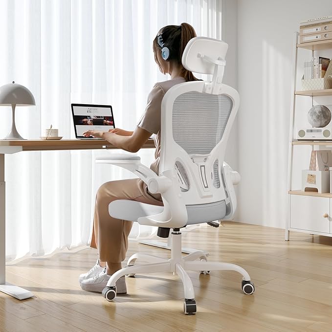 Synorla Office Chair Ergonomic Desk Chair 330LBS Capacity High Back Computer Design for Long Hours Comfort Rolling Swivel for Home Office Flip-up Armrests White+Grey