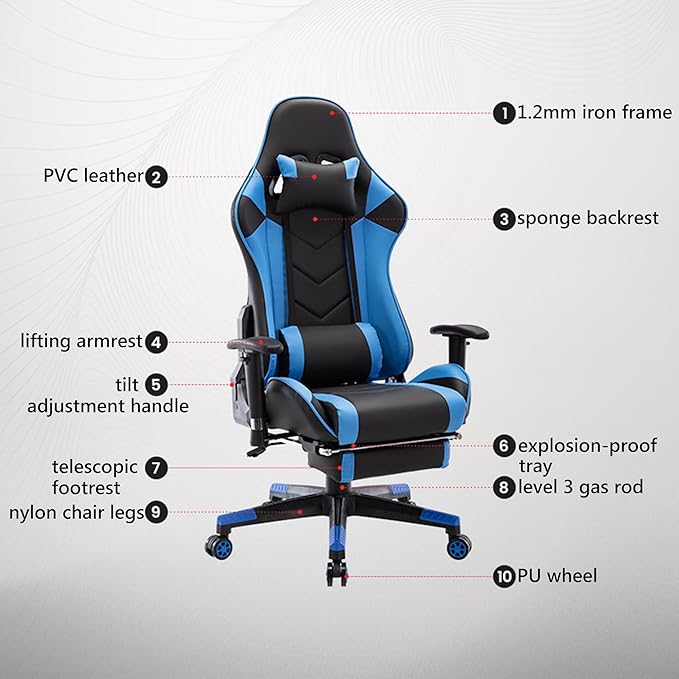 Ergonomic Gaming Chair with Footrest and Lumbar Support Height Adjustable Video Game Chairs for Adult Reclining Desk Chairs for Office Bedroom Study Room Red