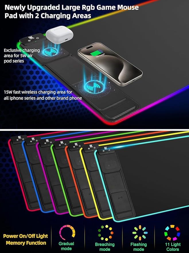 XXL Mouse Pad with Phone Holder - Black RGB Desk Mat with 15W Fast Charging LED Gaming Mousepad with 11 Light Colors Waterproof Non-Slip Pad for Office &amp Home