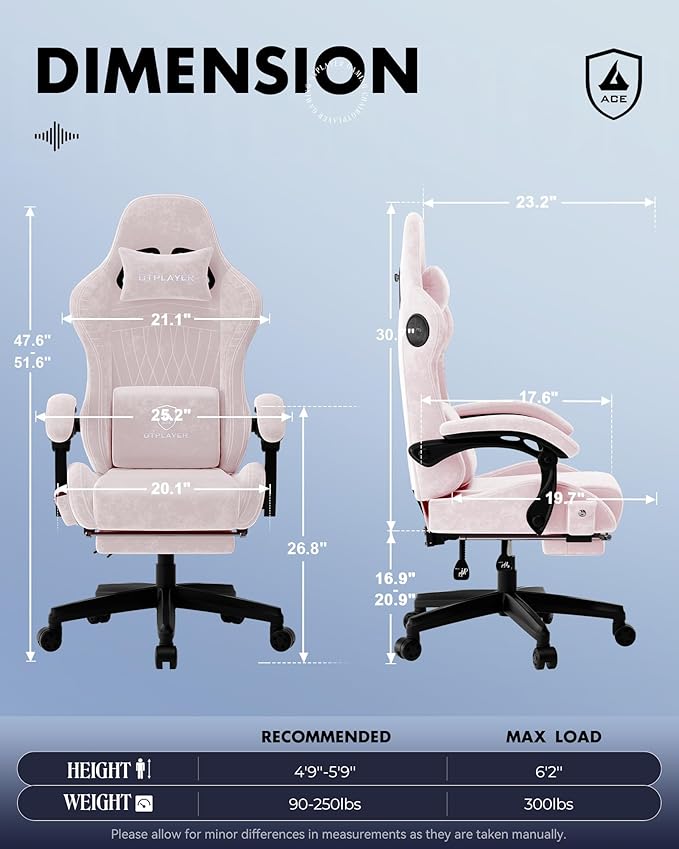 GTPLAYER Gaming Chair for Adults Ergonomic Video Game Chairs Footrest &amp Linkage Armrest Reclining High Back Silla Gamer with Speakers for Home Office Ace Pro Pink(Velvet)