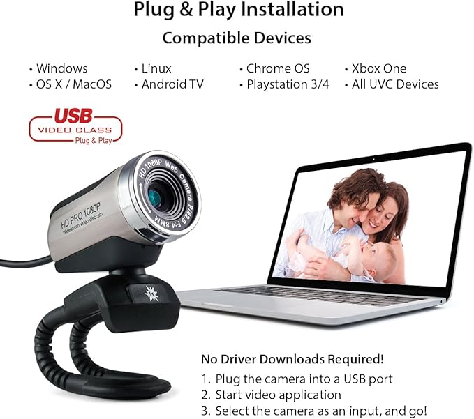 USB 2.0 HD Pro Widescreen Video Full 1080p Webcam with Built in Microphone and Flex Stand for Windows PC Laptops and Apple OS X