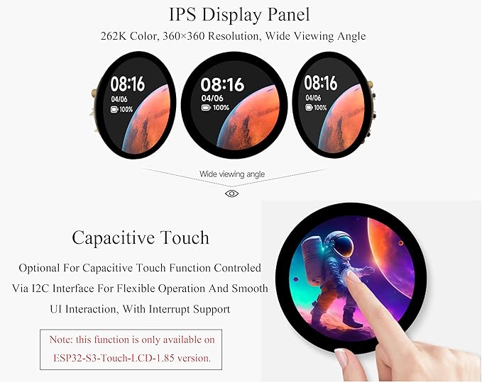 ESP32-S3 1.85inch Touch Display Development Board 360×360 IPS LCD Dual-Core Processor Up to 240MHz Audio Codec Support Offline Speech Recognition and AI Speech Interaction with 8Ω 2W Speaker