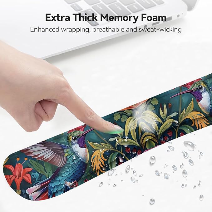 Mouse Wrist Rest and Keyboard Wrist Rest Pad+ Coaster Set Non-Slip Rubber Base Smooth Surface Ergonomic Gaming Mouse Pad for Easy Typing and Pain Relief Flowers and Hummingbirds