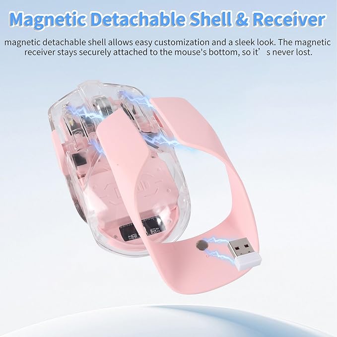 Wireless Bluetooth MouseRechargeable BT &amp 2.4G Dual Mode Transparent Magnetic Shell Design Portable Optical Mouse with 5Adjustable Resolution7 RGB Light Gaming Mice for Laptop/PC/Tablet/MacBook-