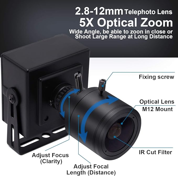 SVPRO Manual Zoom Focus USB Camera 2.8-12mm Varifocal Lens 2448P HD USB Web Camera 8MP High Definition with Sony IMX179 Sensor M12 Mount Lens Portable USB Camera with Metal Case and Bracket