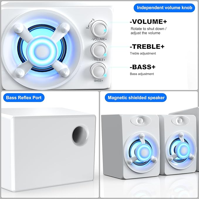 D-208 Computer Speakers with Subwoofer 2.1 Hi-Fi PC Speakers System with RGB Lighting  Enhanced Bass Plug and Play USB/USB-C Powered and 3.5mm Aux in for Desktop Monitor Laptop Tablet (White)