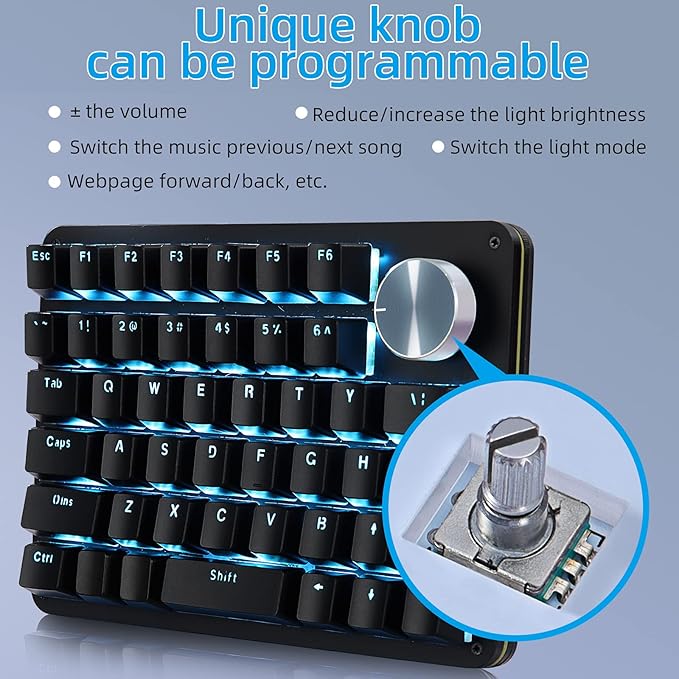 Koolertron One Handed Mechanical Gaming Keyboard with 24 Macro Keys 45-Key Fully Programmable Mini Keypad Mini USB Macro Keyboard with Rotating Knob Blue Backlit for Windows PC Gamers
