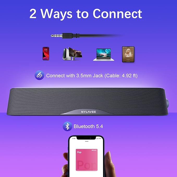 Nylavee Computer Speakers with Subwoofer 2.1 PC Speakers System with Bluetooth 5.4 &amp 3.5mm Aux-in 60W Peak Power AC Adapter Powered Computer Sound Bar for Desktop PC Laptop Monitor Gaming