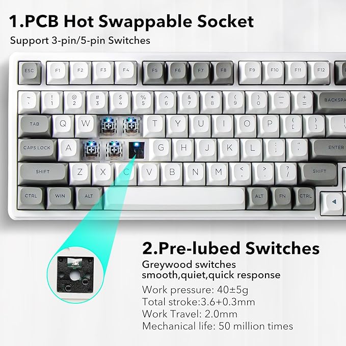 HUO JI Z-99 Wired Mechanical Keyboard Creamy Sound Hot Swappable Pre-lubed Linear Switches Gasket Structure with Sound Dampening Foam RGB Backlit 99 Keys Custom Gaming Keyboard for PC/MacGray