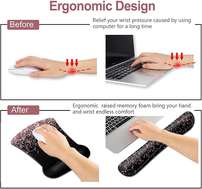 Rose Gold Glitter Mouse Pad with Wrist Support - Ergonomic Gel &amp Soft Memory Foam Keyboard Rest Suitable for Office Typing &amp Gaming Dirt-Resistant