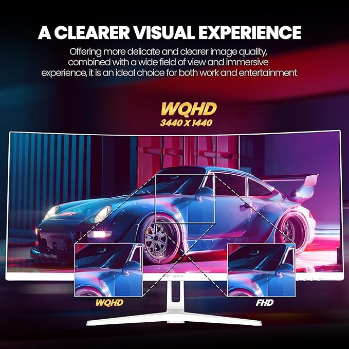 CRUA 34'' White Gaming Monitor 165Hz/144Hz 21:9 1500R Ultrawide Curved Monitor WQHD 3440X1440 120%sRGB VA Panel Computer Monitor Support Freesync PIP/PBP HDMI2.0 &amp DP1.4 Wall Mount&ampTilt Ad