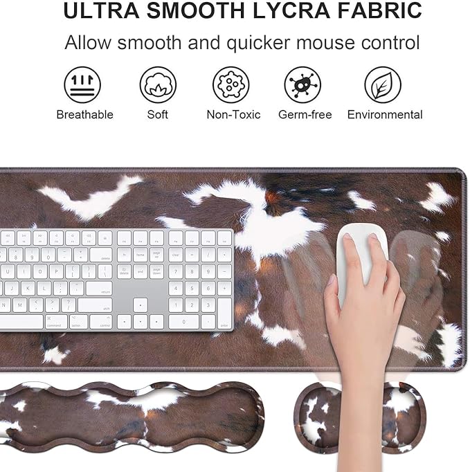 Ergonomic Keyboard Wrist Rest &amp Mouse Pad Wrist Rest Set Large XXL Gaming Desk Mat 31.5x 11.8 with Non-Slip Base Memory Foam Easy Typing Pain Relief for Home &amp Office Brown Cow Print