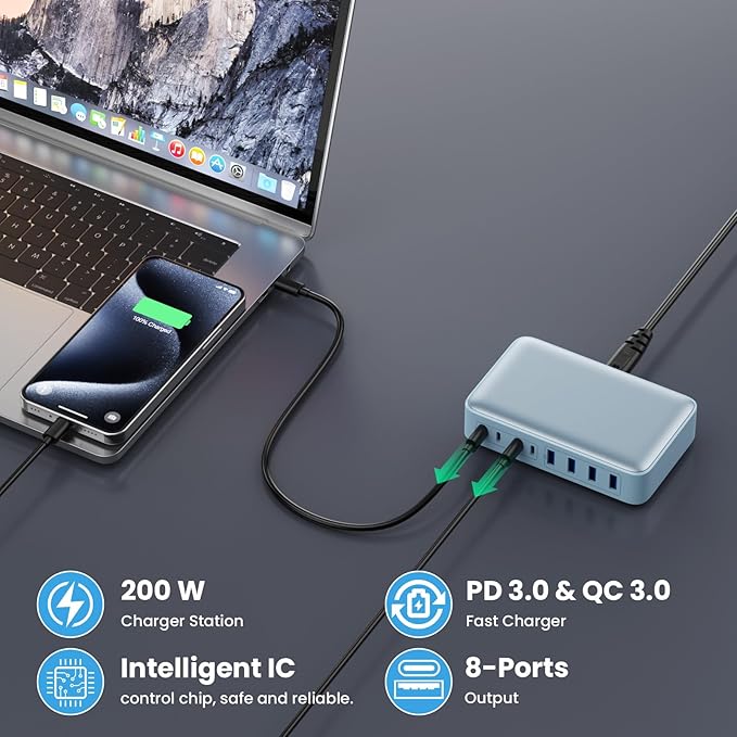 USB C Charger 200W USB C Charger BlockUpgraded GaN III 8-Port Fast Charging Station HubPD 65W Laptop Charging Adapter Compatible with MacBook Pro/AirDELLSteam DeckiPhone 16/15/14Galaxy S23/22