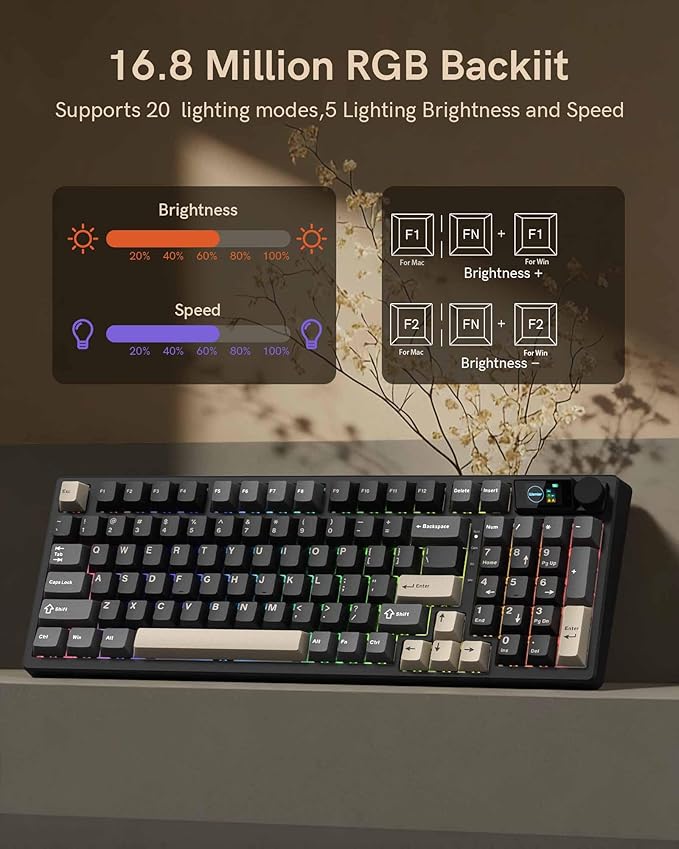 Keymatic M98 Wireless Mechanical Keyboard w/Screen &amp Knob 96% Gaming Keyboard BT/2.4G/USB-C Hot Swappable Custom Gaming Creamy Keyboardwith 8000mAh Battery