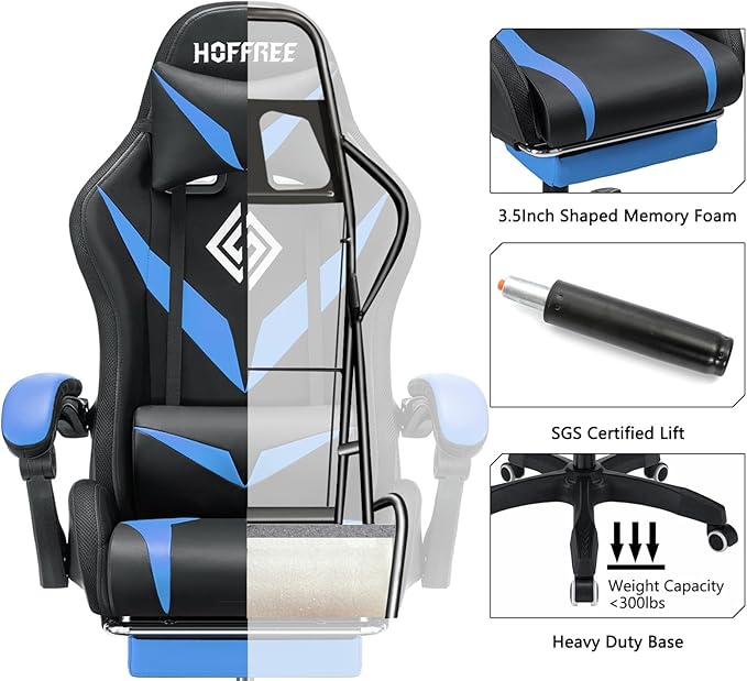 HOFFREE Gaming Chair Massage with Bluetooth Speakers and Led Lights Ergonomic Computer Gaming Chair with Footrest RGB Video Game Chair with High Back Lumbar Support Blue and Black