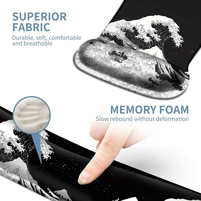 Keyboard Wrist Rest and Mouse Wrist Rest Pad Set Made of Memory Foam with Non Slip Rubber Base Ergonomic Gel Wrist Rest for Computer Keyboard Gaming Office Working with Japanese Sea Wave Coaster