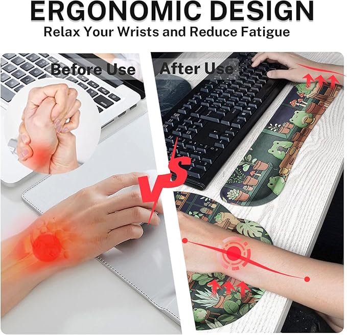 Britimes Cute Frog Summer Keyboard Mouse Pad Set Kawaii Green 4in1 Large Mousepad+Keyboard Wrist Rest+Mouse Wrist Rest+Coaster Ergonomic Design for Home Office Computer 35.4x15.7 inches