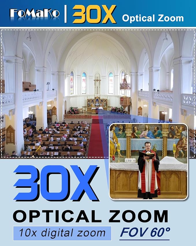 FoMaKo NDI PTZ CameraAI Auto-Tracking Gen 3 30x Optical Zoom IP USB3.0 HDMI PTZ Camera for Church Services Worship Education (NDI 6 &amp NDI HX3 Certified) FMK30UH NDI-B (Black Color)
