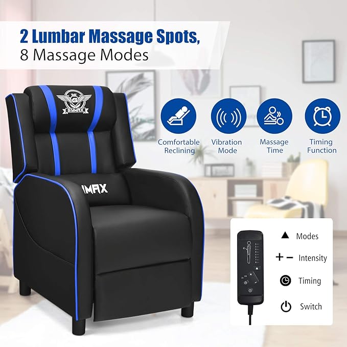 POWERSTONE Gaming Recliner Chair Reclining Gaming Chairs for Adults Ergonomic Leather Sofa with Footrest Lumbar Support Headrest and Side Pouch for Living Room Home Theater Blue