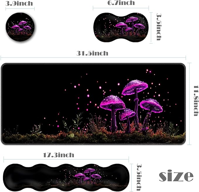 Ergonomic Keyboard Wrist Rest &amp Mouse Pad Wrist Rest SetXL Gaming Desk Mat 31.5x 11.8Non-Slip BaseMemory FoamEasy Typing Pain Relief for Office &amp HomeNeon Purple Mushrooms