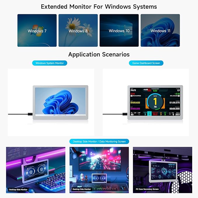 Waveshare 7inch IPS Side Monitor Extended Monitor Windows 7/8/10/11 1024x600 IPS Display Panel Supports Horizontal and Vertical Flip Up to 170° Viewing Angle USB One-Cable Connection Silver