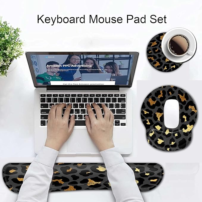 Ergonomic Mouse Pad Gel Wrist Support and Memory Foam Keyboard Wrist Rest Set for Gaming Computer Office Laptop Easy Typing Wireless Mouse Mat Funy Gold &amp Black Leopard Print Office Desk Pad