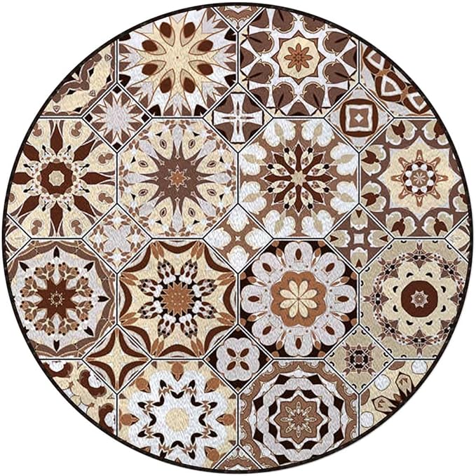Beige Dark Brown Pale Brown Gaming Chair Mat Round Floor Mats for Office Chair Computer Gaming Desk Mat for Rolling Chair Non-Slip Gaming Rug Retro Old Fashioned Tile Diameter 39.4 in