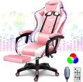RGB Computer Chair with Footrest Full Massage Gaming Chair with Speakers Video Game Chair with Lumbar Support Headrest PU Leather 360°Swivel Recliner Chair High Back Office Chair for GamingPink