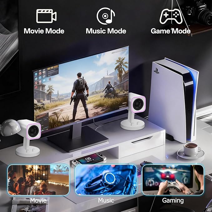 Sanyun SW202 24W Compact Computer Speakers DSP 3 Modes 16bit USB DAC Bluetooth 5.2 2.0 PC Multimedia RGB Gaming Speakers for Desktop Monitor Laptop (Game/Movie/Music White)