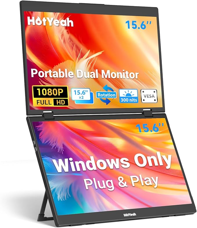 HotYeah Triple Laptop Screen Extender 15.6 1080P FHD IPS Folding Stacked Portable Dual Monitor USB-C Travel Extended Computer Display w/VESA 180° Rotation Plug &amp Play (Windows Only)