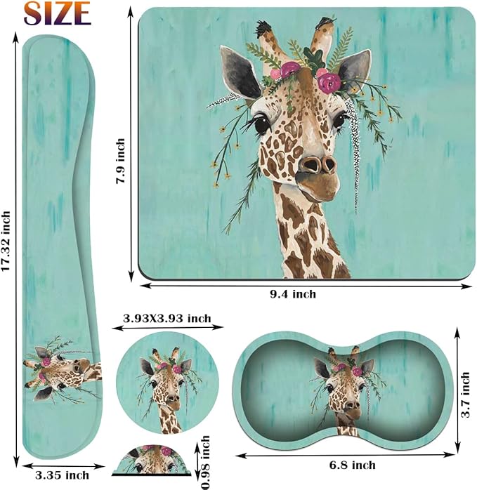 Keyboard Wrist Rest Pad + Square Mouse Pad + Wrist Rest Support Pad + Coaster Ergonomic Memory Wrist Rest Support 4-Piece Combo Set for Gaming and Office Green Rustic Wood and Giraffe