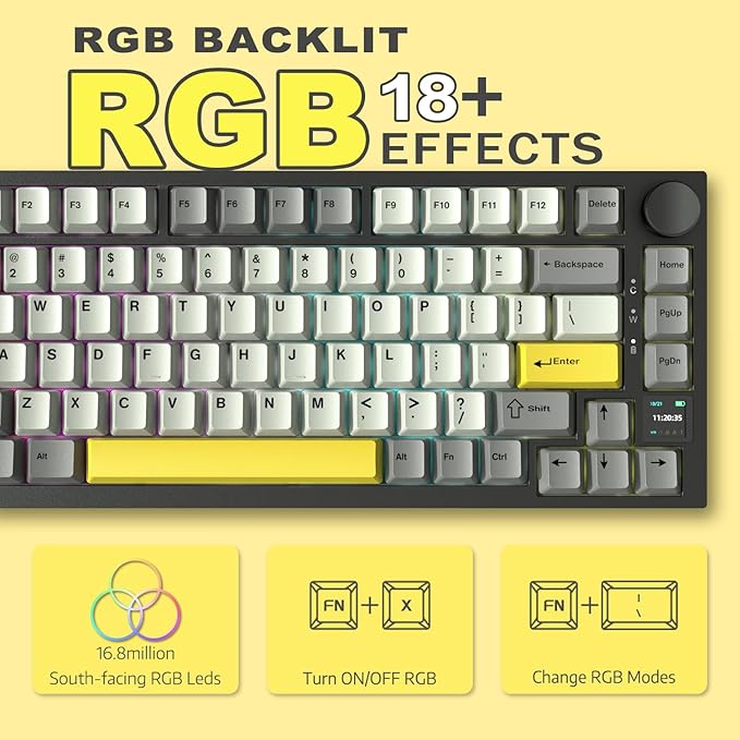 ATTACK SHARK Ajazz AK820 Pro Mechanical Keyboard with Knob&ampTFT DisplayBluetooth 5.1/2.4G Wireless/Type-C Wired 75% Percent Keyboard5-Layer Sound Absorbing FoamsSouth RGB (Grey Flying Fish Swit