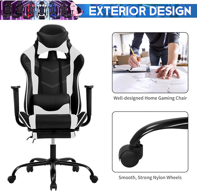 Gaming Chair with Footrest Reclining Video Game Chairs for Adults with Lumbar Support Headrest High-Back Home Office Computer Desk Chair PU Black-White