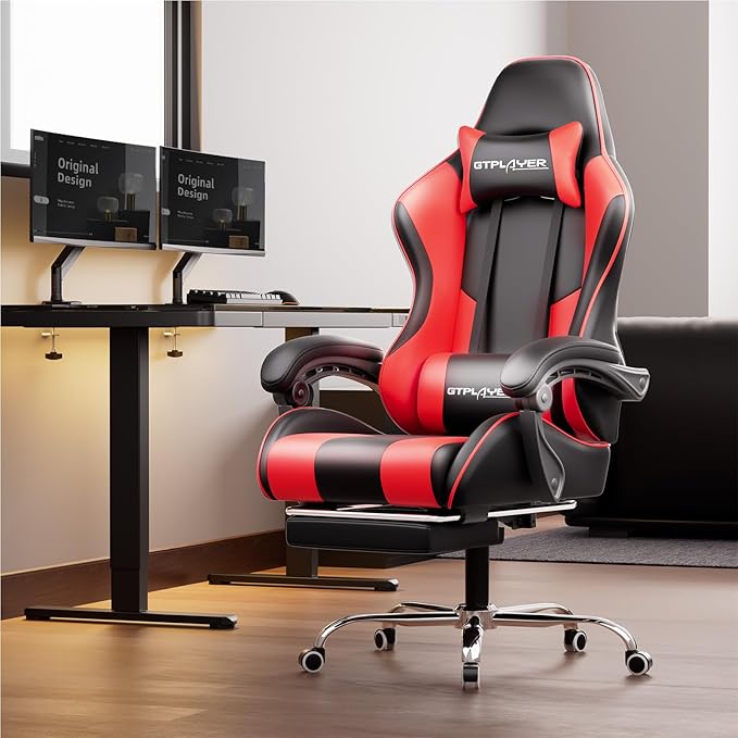 GTPLAYER Gaming Chair Computer Chair with Footrest and Lumbar Support Height Adjustable Game Chair with 360°-Swivel Seat and Headrest and for Office or Gaming (Faux Leather Red)