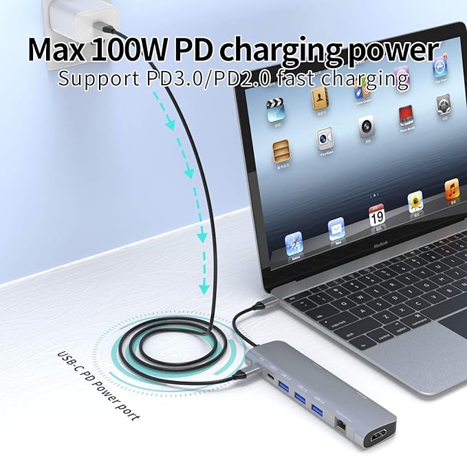 USB C Hub Multiport Adapter 9 in 1 Docking Station Laptop with HDMI Ethernet 100W PD 3 USB 3.0 Ports USB-C Data Port SD/TF Card Reader Compatible with MacBook Pro/Air/Dell XPS/Lenovo