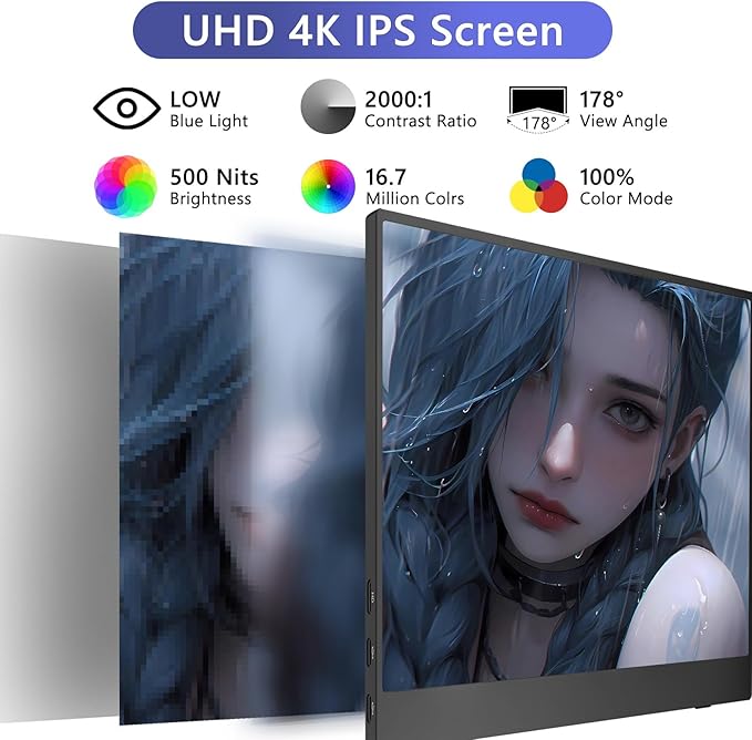 4K Portable Monitor 15.6 Inch Screen Extender 3240×2160 UHD 500 Nits 100% sRGB with 45° Adjustable Stand HDMI &amp USB-C Computer Display for Travel Monitor Laptop &amp PC Mac Phone PS4 PS5 Switc