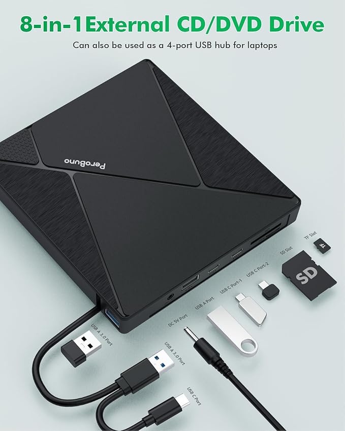 PeroBuno External CD DVD Drive USB 3.0 Optical Disc Drive 4 USB Ports and 2 TF/SD Card Slots CD DVD Burner Writer Reader Player for Laptop MacBook iMac Desktop PC Windows 11/10/8/7/XP Linux Mac OS