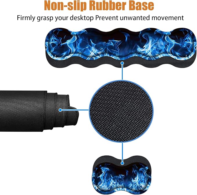 4 in 1 Ergonomic Keyboard Wrist Rest &amp Mouse Pad Wrist Rest Set Large XXL Gaming Desk Mat 31.5x 11.8 with Non-Slip Base Memory Foam for Home Office Study Gaming Blue Flame