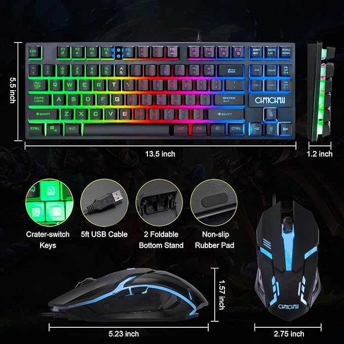 CHONCHOW 87 Keys TKL Gaming Keyboard and Mouse Combo Wired LED Rainbow Backlit Keyboard 800-3200 DPI RGB Mouse Gaming for PS4 Xbox PC Laptop Mac