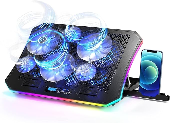 KeiBn Upgarde Laptop Cooling Pad RGB Lights Laptop Cooler 6 Fans for 15.6-17.3 Inch Laptops 7 Height Stands 10 Modes Light 2 USB Ports Desk or Lap Use (A8Blue)