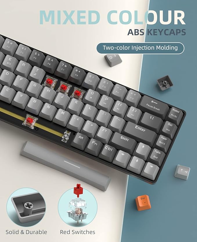 ZIYOU LANG RK68 60% Wireless Mechanical KeyboardBluetooth 5.0/2.4Ghz Dual Mode ReceiverHot-Swappable Mini 68-KeyRetro Color KeycapsLinear Red SwitchUltra Power Saving for PC PS4 Xbox iPhone ipad