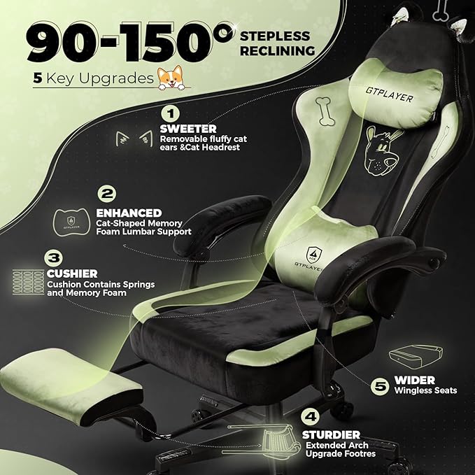 Gaming Chair Cute with Cat Ears Ergonomic Computer Chair with Dog Embroidery Adjustable Memory Foam Lumbar Support and Headrest Comfortable Reclining Office Chair for Girls Teens Women