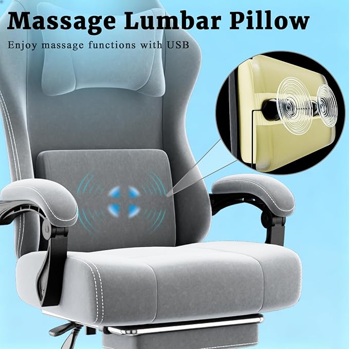 Ergonomic Gaming Chair Video Game Chair with Massage Lumbar Support and Footrest Height Adjustable Fabric Computer Chair with Pocket Spring Cushion